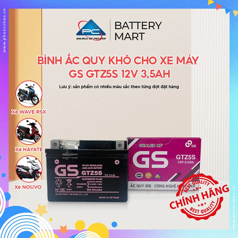 Ắc quy khô GS GTZ5S 3,5Ah Wave RS Rsx Rsv S, Nouvo456, Airblade110, Hayate X-Bike SKY Exciter Luvias Cub acquy Yuasa