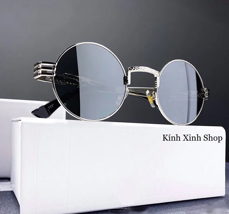 Kính Râm, Kính Mát Nam Nữ Dáng Tròn Kim Loại Hàn Quốc Cao Cấp (Bạc Gương)