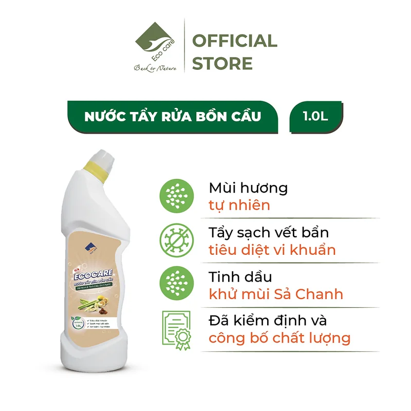 Nước tẩy rửa bồn cầu hữu cơ Ecocare 1L làm sạch, diệt khuẩn, khử mùi hiệu quả với tinh dầu Sả chanh/Quế