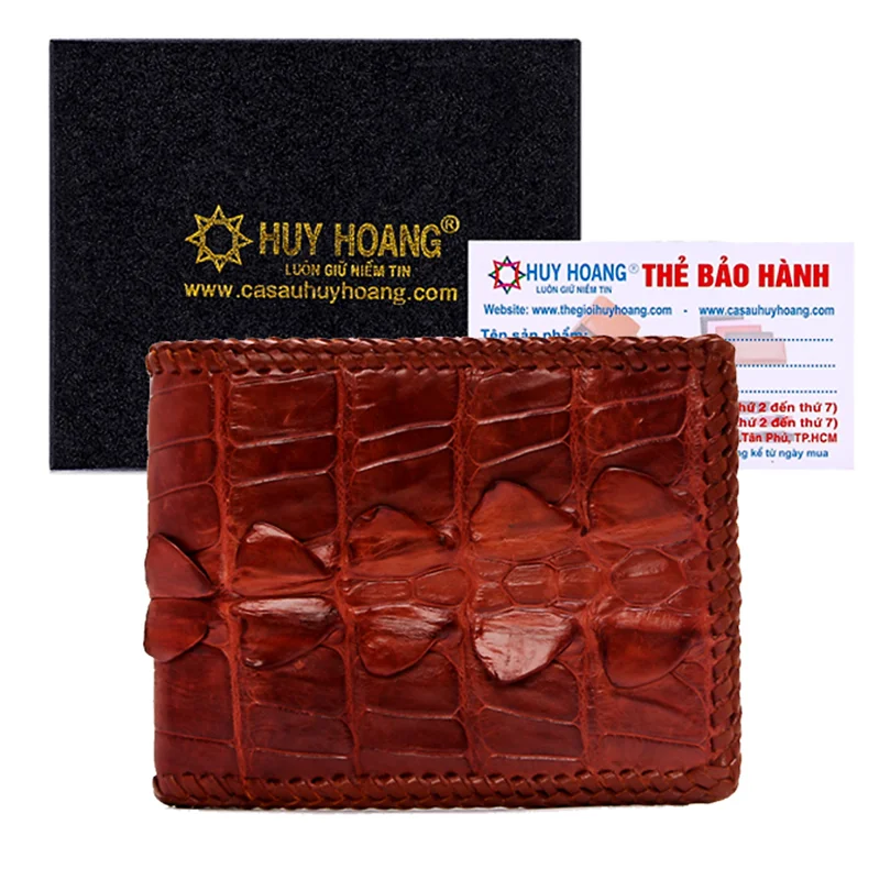 HJ2223 - Bóp nam Huy Hoàng da cá sấu đan viền màu nâu đất