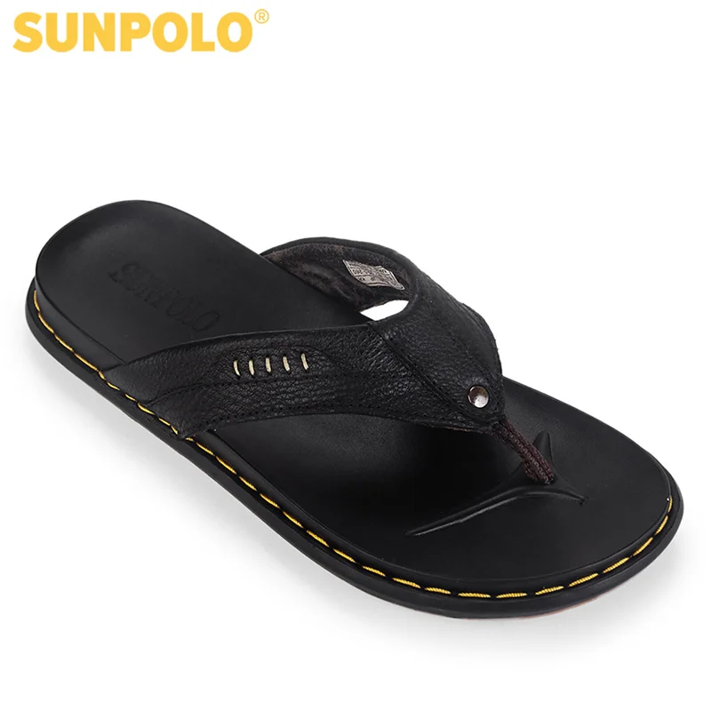Dép Kẹp Nam Da Bò SUNPOLO KEP029 May đế chắc chắn (Đen)
