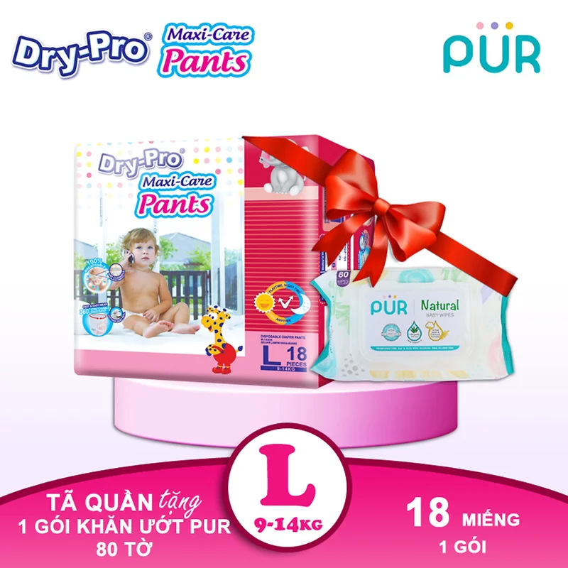 Combo Tã/bỉm quần Dry-Pro L18 (9kg-14kg) + tặng 1 gói khăn ướt Pur 80 tờ cho bé