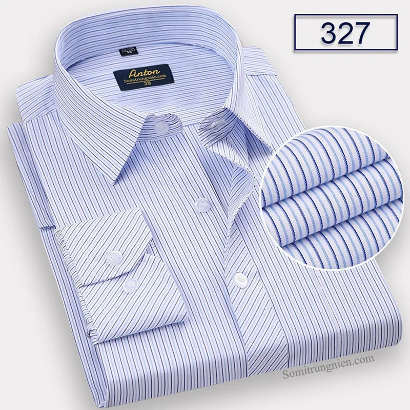 Áo Sơ Mi Nam Công Sở Trung Niên Thương Hiệu Anton Dài Tay Vải Cotton Kẻ Sọc Đôi Màu Xanh - 327