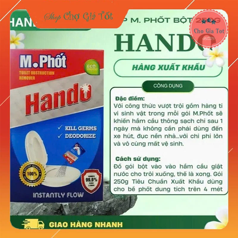 Bột thông tắc bồn cầu bể phốt xuất khẩu Hando 250Gr