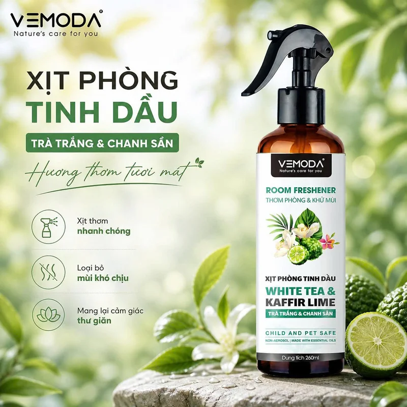 Xịt phòng nước hoa tinh dầu Trà Trắng Vemoda giúp thơm phòng, thanh lọc không khí, thư giãn