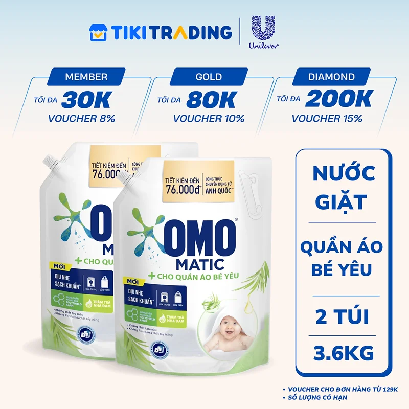 Combo 2 Túi Nước Giặt Omo Matic Cho Quần Áo Bé Yêu Chiết Xuất Tràm Trà Và Nha Đam Dịu Nhẹ 3.6KG