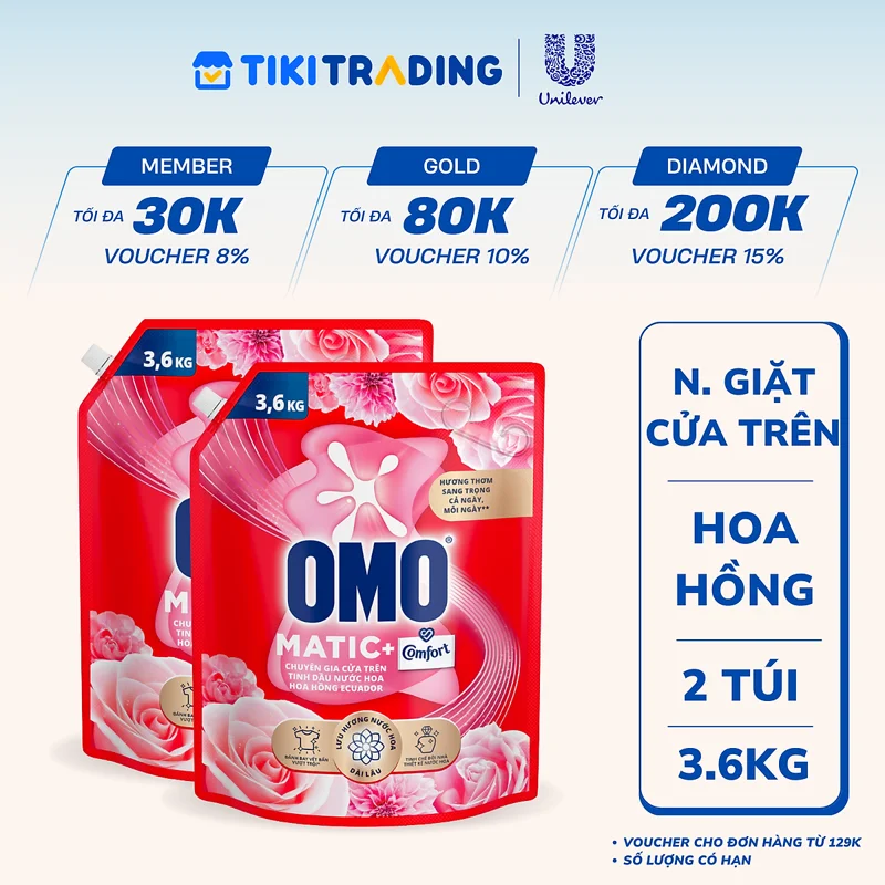 Combo 2 Túi Nước Giặt Omo Matic Cho Máy Giặt Cửa Trên Hương Hoa Hồng Ecuador 3.6KG
