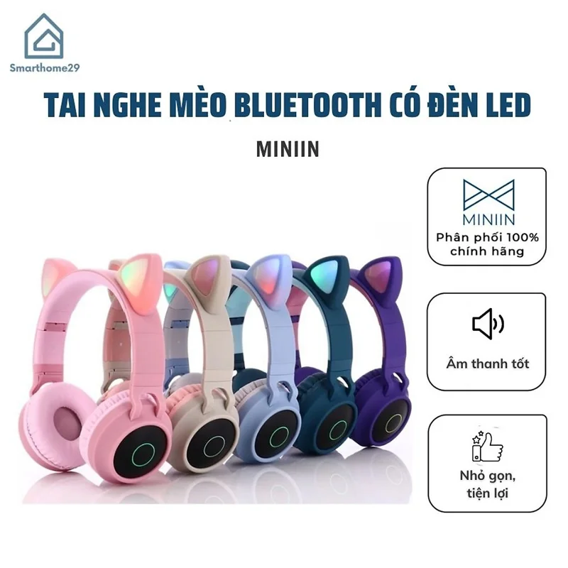 Tai Nghe Mèo Bluetooth Có Đèn LED Đáng Yêu, Tai Nghe Chụp Tai Không Dây Có Mic, Âm Bass Mạnh Mẽ - Hàng chính hãng MINIIN (Giao màu ngẫu nhiên)