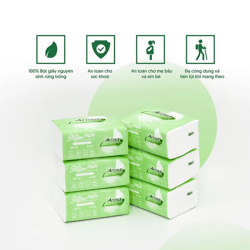 Khăn giấy lụa cao cấp Arosa Túi 10 Gói 300 tờ 3 lớp Trắng tự nhiên, Đa công dụng và tiện lợi, Phù hợp cho cả mẹ bầu và em bé, 100% bột giấy nguyên sinh rừng trồng