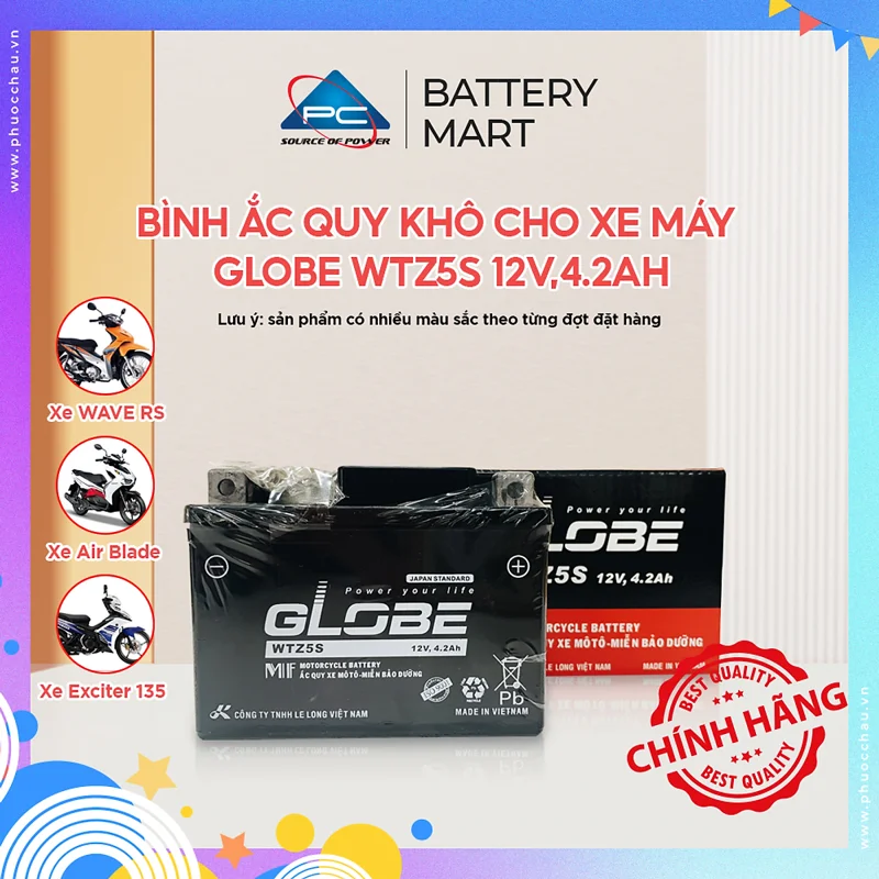 Bình Ắc Quy Khô WTZ5S 12V,4.2Ah/WTD 4V,3.5Ah hiệu GLOBE Cho Xe WAVE RS100/ WAVE RS 110/ AIRBLADE/ EXCITER 135
