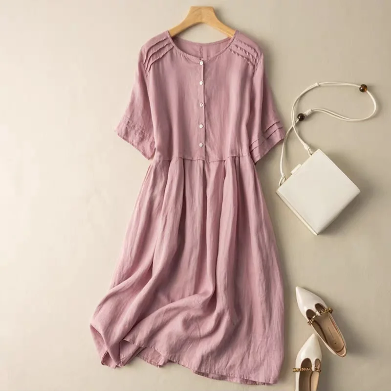 Đầm linen nữ suông dài form rộng, Váy sơ mi thiết kế cổ tròn cài cúc tay lỡ nhiều màu lựa chọn Haint Boutique