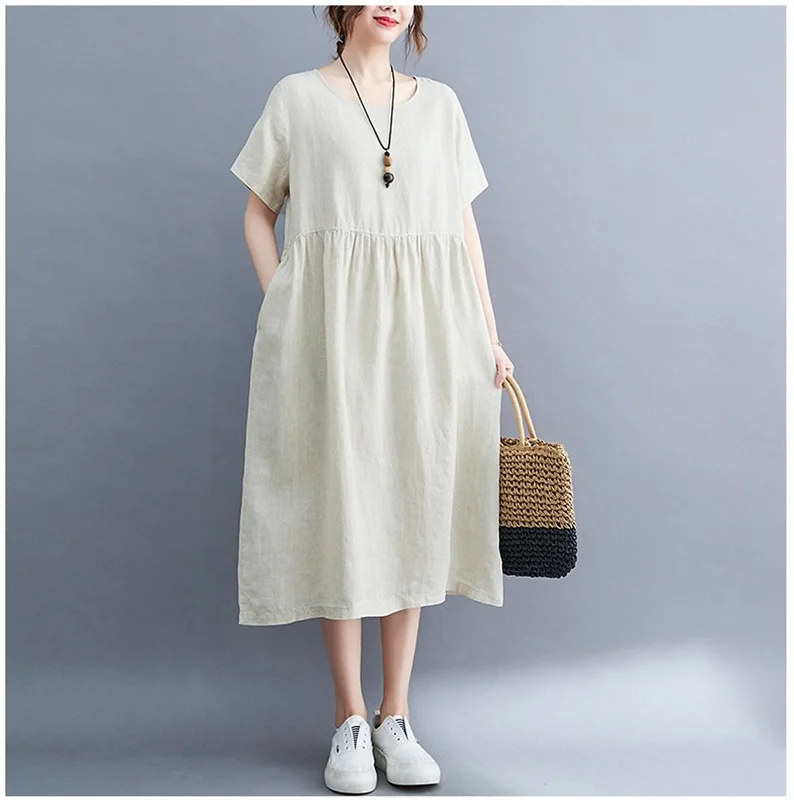 Đầm Suông Cổ Tròn Tay Cộc Dáng Dài Chất Đũi Mềm Mại Haint Boutique
