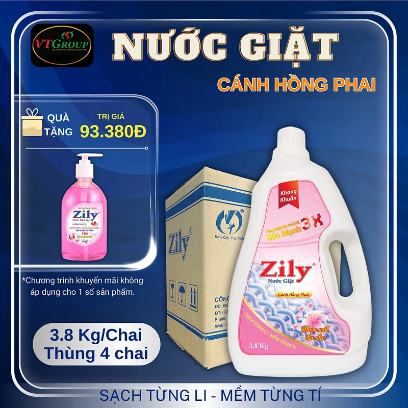 Nước Giặt Zily 3.8 Kg (4 Chai/thùng) - Tặng 1 Chai Nước Rửa Tay Zily 500Gr