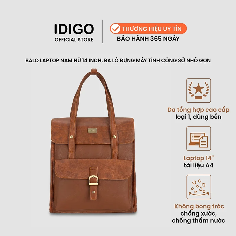 Balo da nam nữ đựng laptop 14inch nhỏ gọn IDIGO UBP2-515, balo công sở đựng tài liệu A4 cao cấp