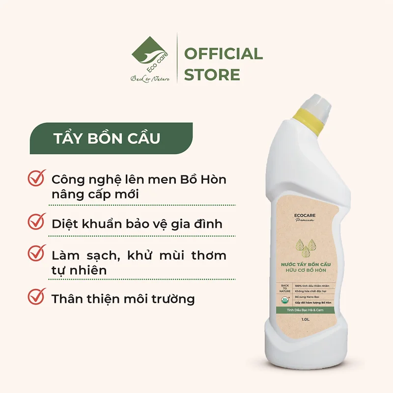 Nước Tẩy Bồn Cầu Hữu Cơ Diệt Khuẩn ECOCARE 1L Hương Quế Thơm Mát, Chai Tẩy Rửa Nhà Vệ Sinh Siêu Sạch