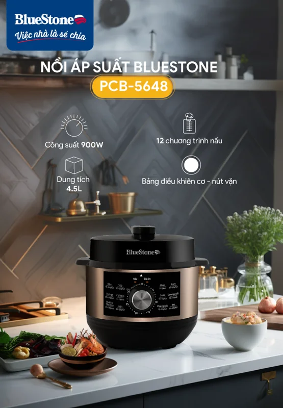 Nồi Áp Suất BlueStone PCB-5648 - 4,5 lít - 900W - Bảng điều khiển cơ - Bảo hành 2 năm - Hàng chính hãng
