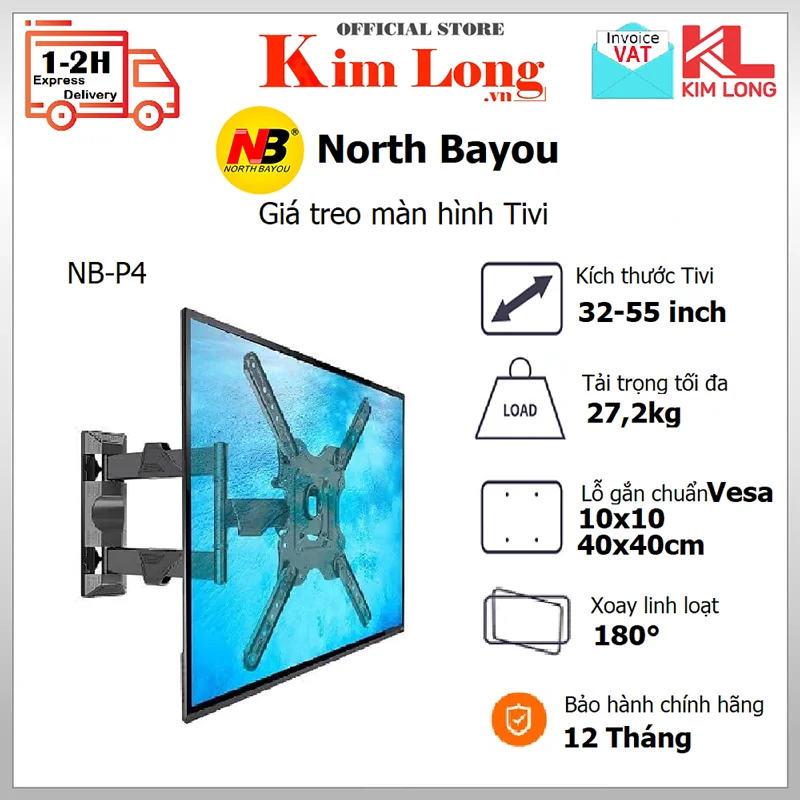 Giá Khung treo tivi North Bayou NB-P4 Xoay đa năng từ 32 đến 55 inch , Tải trọng tối đa 27Kg - Hàng chính hãng