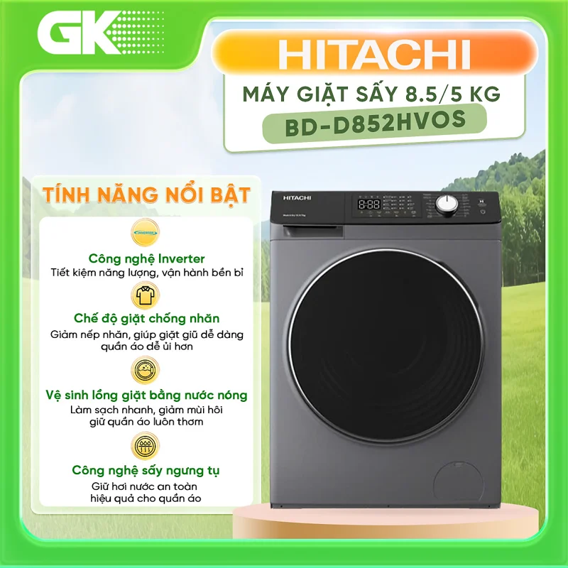 Máy giặt lồng ngang Hitachi Inverter 8.5Kg sấy 5Kg BD-D852HVOS - Hàng chính hãng
