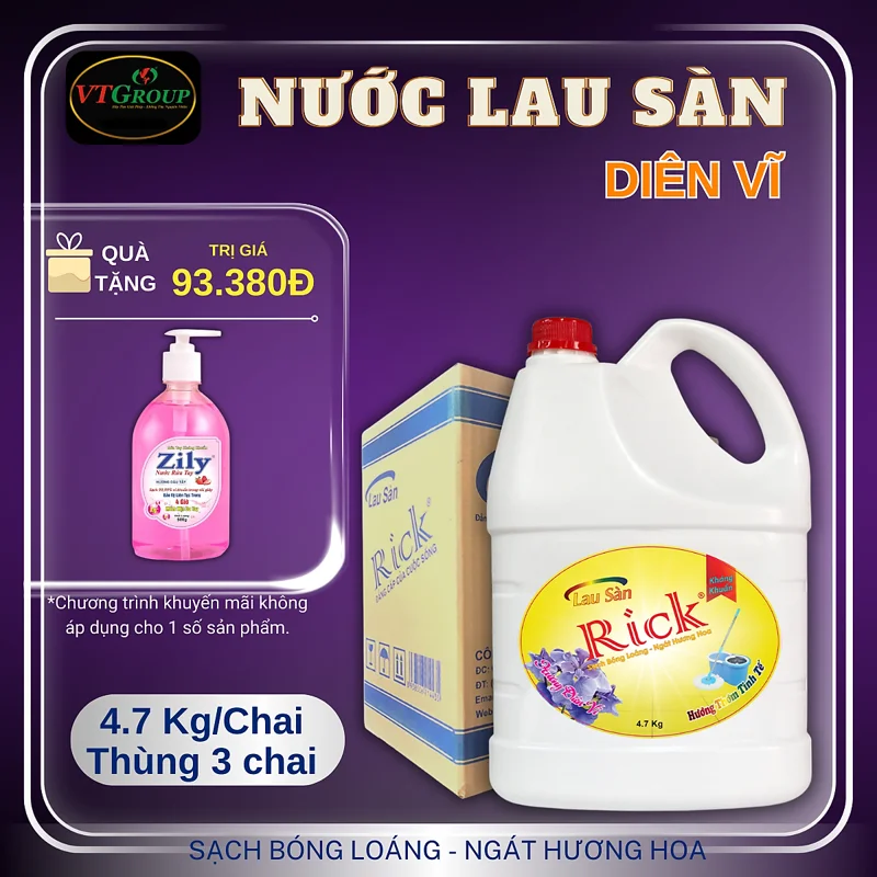 Nước lau sàn Rick 4.7kg (3 chai/ thùng) - Tặng 1 Chai Nước Rửa Tay Zily 500Gr