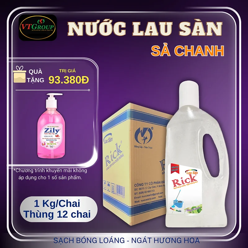 Nước Lau Sàn Rick 1kg (12 chai/thùng) - Tặng 1 Chai Nước Rửa Tay Zily 500Gr