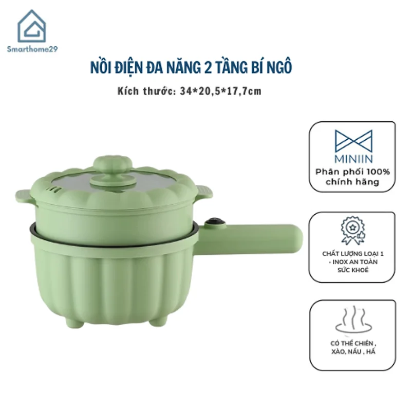 Nồi Điện Mini 2 Đa Chức Năng Kèm Lồng Hấp, Ca Mỳ Tay Cầm Nồi Bí Ngô 2 Tầng Nấu Cơm, Chiên, Xào, Rán Tiện Lợi - Hàng Chính Hãng MINIIN