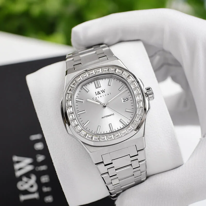 Đồng hồ nam chính hãng I&W CARNIVAL 750G2-T1 hàng mới fullbox, Kính sapphire xước,Chống nước 50m ,Máy cơ (Automatic),mặt trắng viền đá dây thép không gỉ