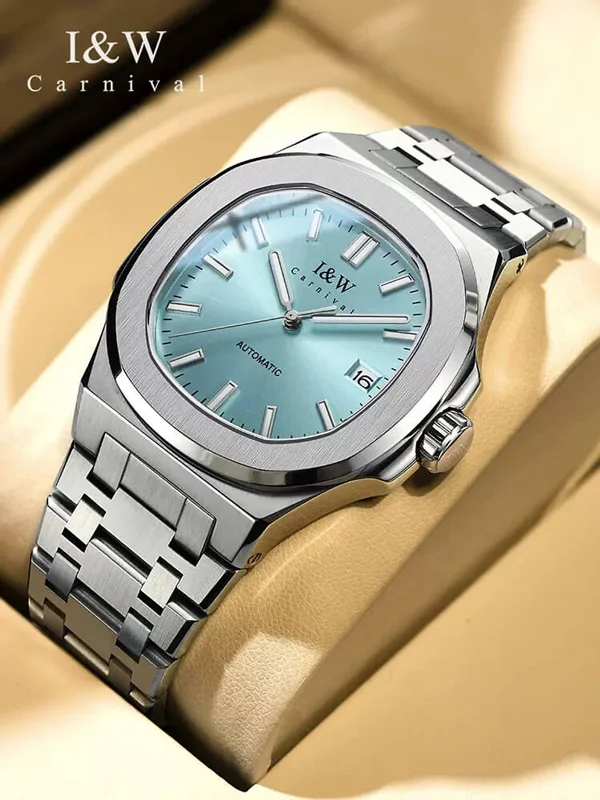 Đồng hồ nam chính hãng I&W CARNIVAL 750G1-T4 hàng mới fullbox, Kính sapphire xước,Chống nước 50m ,Máy cơ (Automatic),mặt xanh navy viền trơn dây thép không gỉ