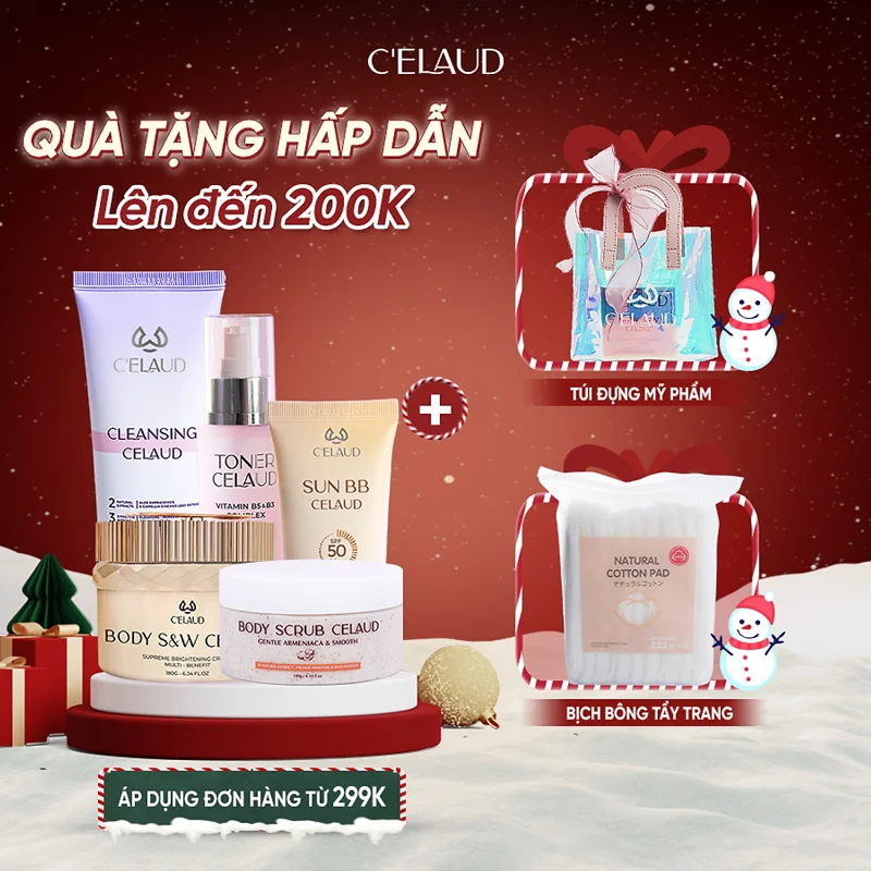 Combo 5 Kem Chống Nắng, Sữa Rửa Mặt, Tẩy Tế Bào Chết, Kem Dưỡng Trắng, Nước Hoa Hồng Celaud
