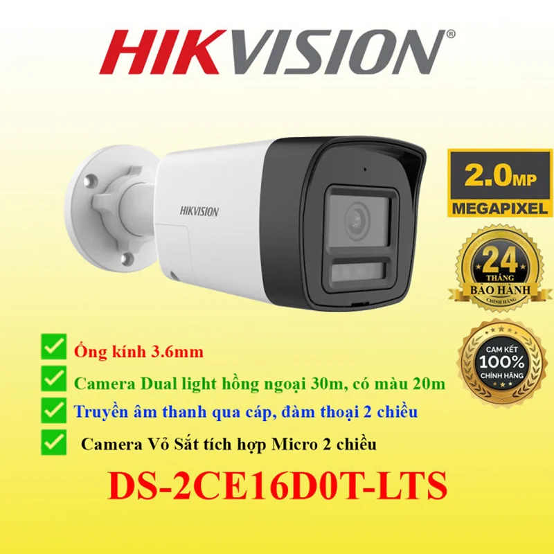 Camera Hikvision 2.0Mp full color tích hợp MIC  sử dụng với đầu ghi hình . DS-2CE16D0T-LTS, DS-2CE78D0T-LTS, DS-2CE17D0T-LTS - Hàng chính hãng