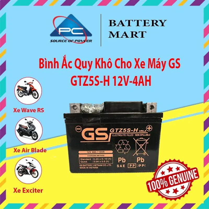 Bình Ắc quy khô GS GTZ5S E 3,5Ah, GTZ5S-H 4AH Wave RS Rsx Rsv S, Nouvo456, Airblade110, Hayate X-Bike SKY Exciter Luvias Cub