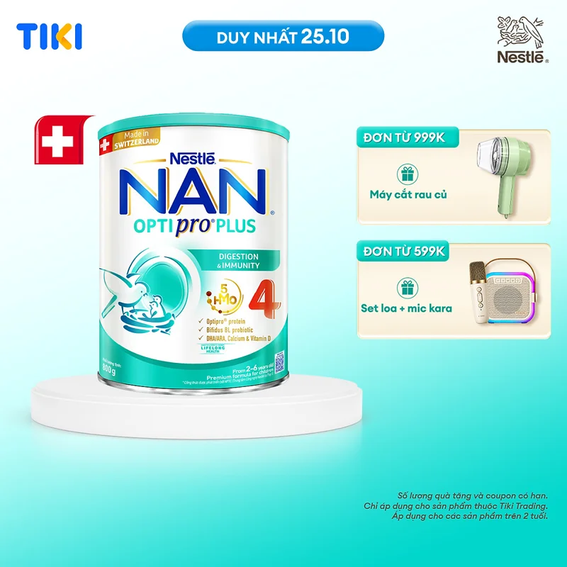 Sữa bột Nestlé NAN OPTIPRO PLUS 4 800g/lon với 5HMO Giúp tiêu hóa tốt + Tăng cường đề kháng  - Bé 2-6 tuổi