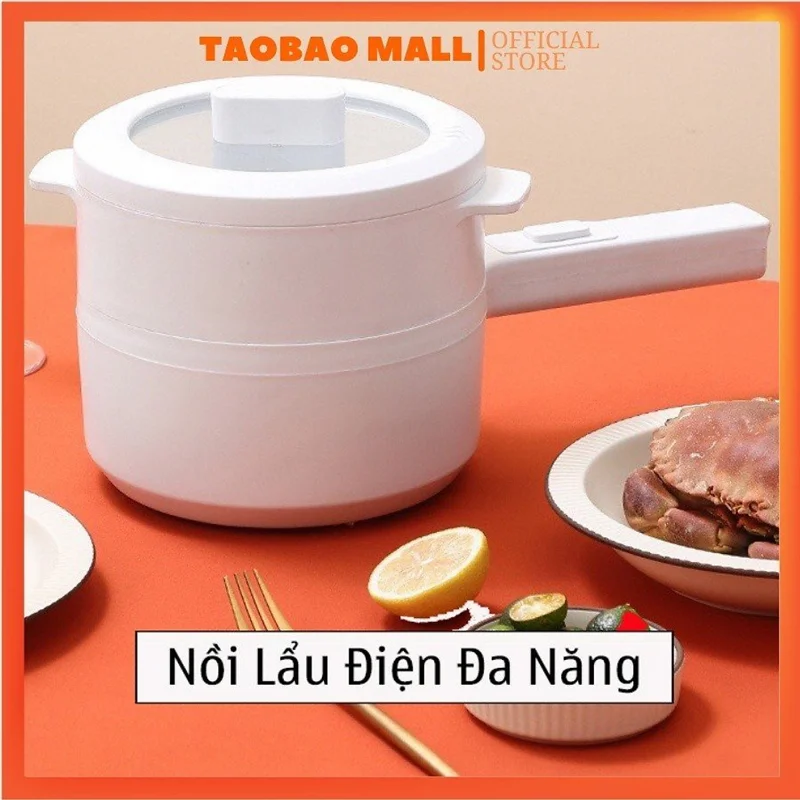 Nồi điện, lẩu điện, chảo điện mini đa năng 2L gián hấp chiên xào (kèm khay hấp và tay cầm) - Hàng chính hãng