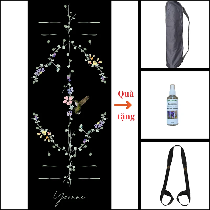Thảm tập yoga chính hãng Yvonne, Humminngbird (Black) - TẶNG KÈM 3 PHẦN QUÀ - dày 6mm bề mặt nhám, siêu bám, chống trơn trượt, ưa mồ hôi