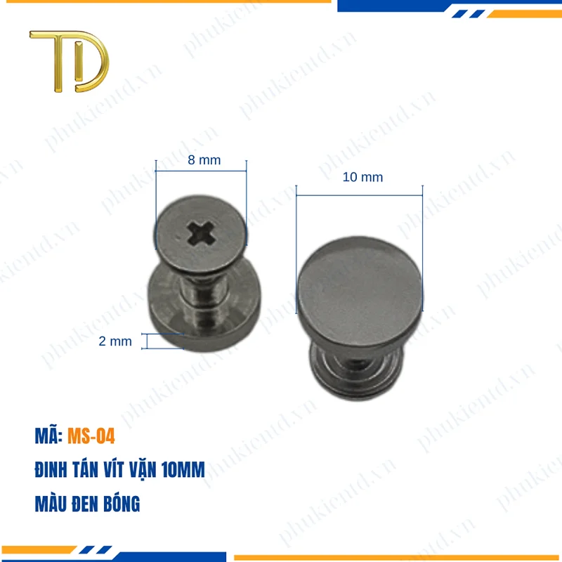Đinh tán vít vặn, đinh tán vặn ren túi xách 10mm công nghệ mạ điện Electroplating độ bền 5-8 năm