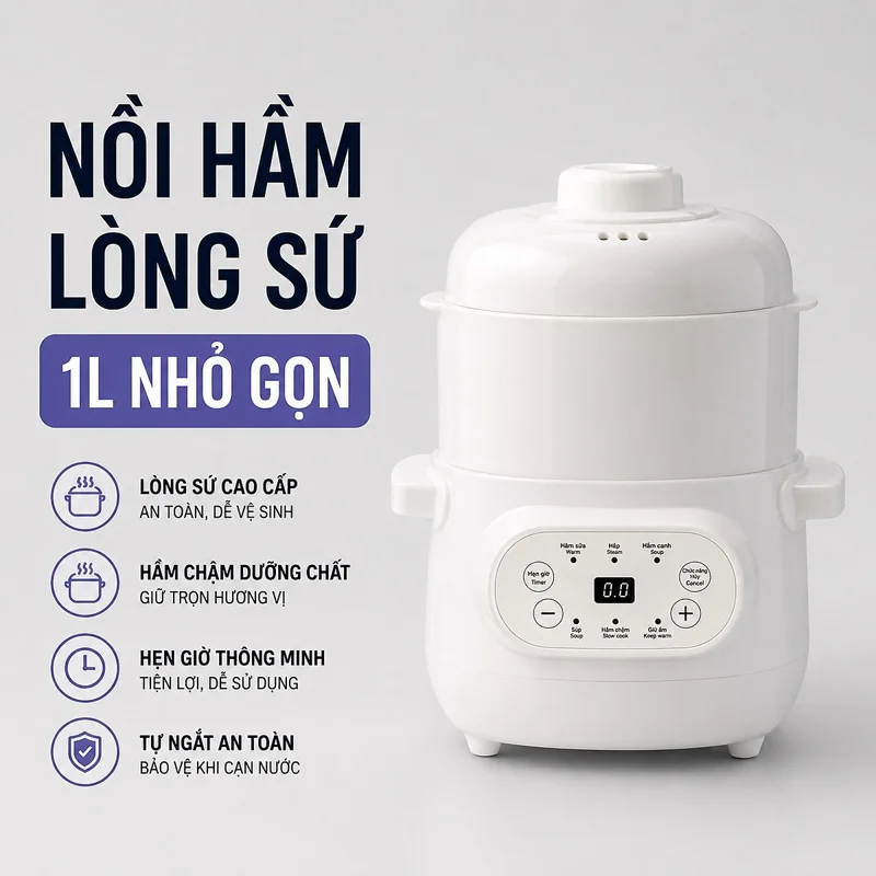 Nồi nấu cháo chưng yến 1 Lít Mishio MK383 - Hàng chính hãng