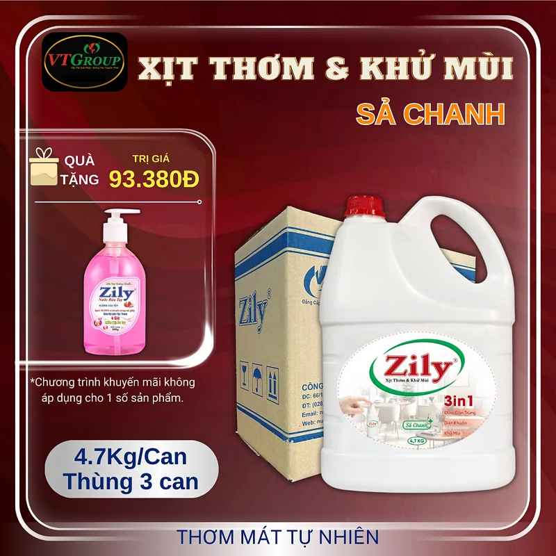 Xịt Thơm & Khử Mùi Zily 4.7 Kg (3 Chai/Thùng) - Tặng 1 Chai Nước Rửa Tay Zily 500Gr