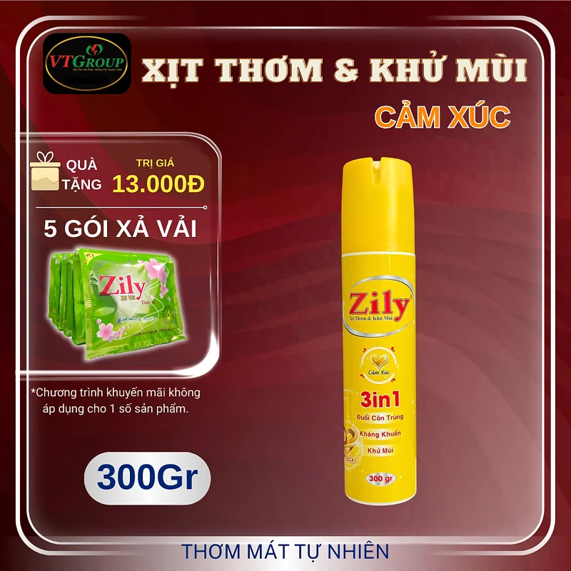 Xịt thơm & khử mùi Zily chai 300g - Tặng 5 gói xả vải Zily