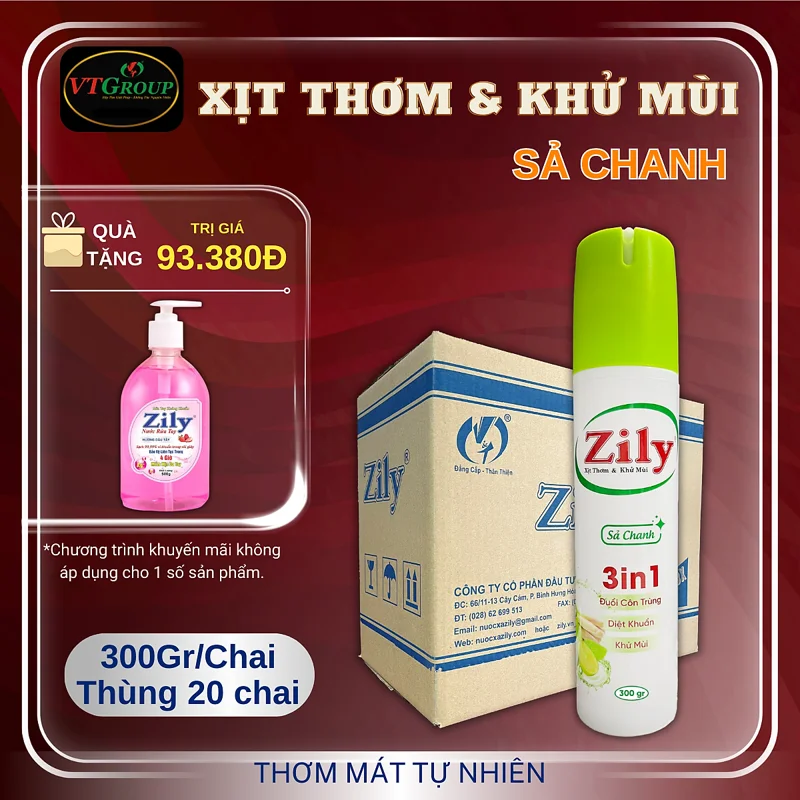 Xịt Thơm & Khử Mùi Zily 300g (20 Chai/Thùng) - Tặng 1 Chai Nước Rửa Tay Zily 500Gr