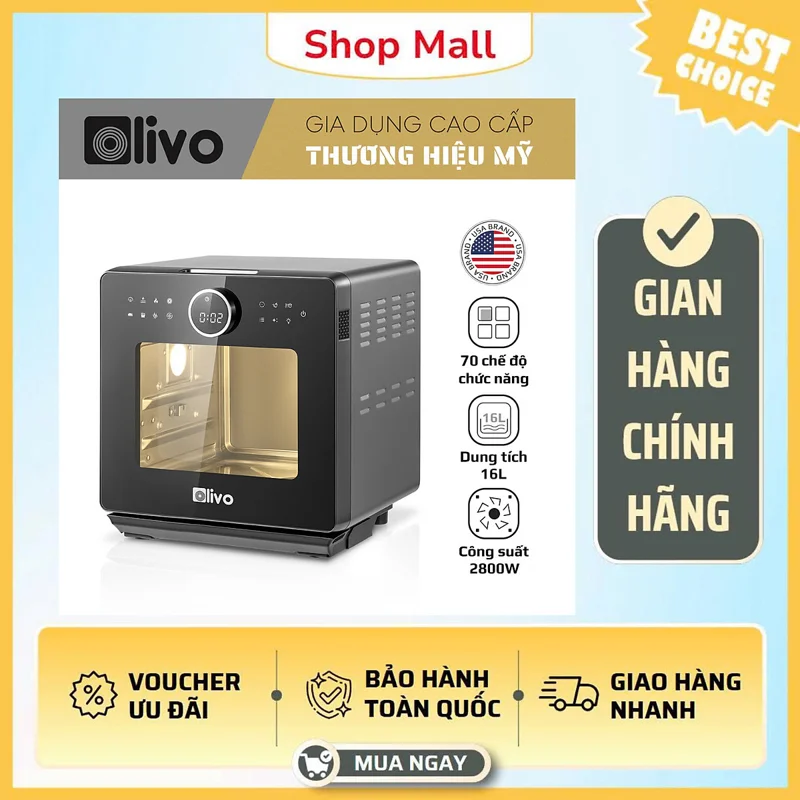 Nồi Chiên Hơi Nước OLIVO SF16 PRO - Dung Tích 16L - Phụ Kiện Trục Xiên Quay - Công Suất 2800W- Phiên bản 2025- Hàng Chính Hãng
