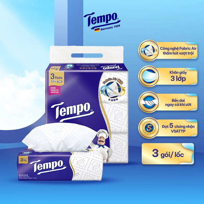 Khăn Giấy Bếp Đa Năng Siêu Thấm Tempo  Bền Dai, Tiện Lợi, Dễ Sử Dụng - Thương Hiệu Đức