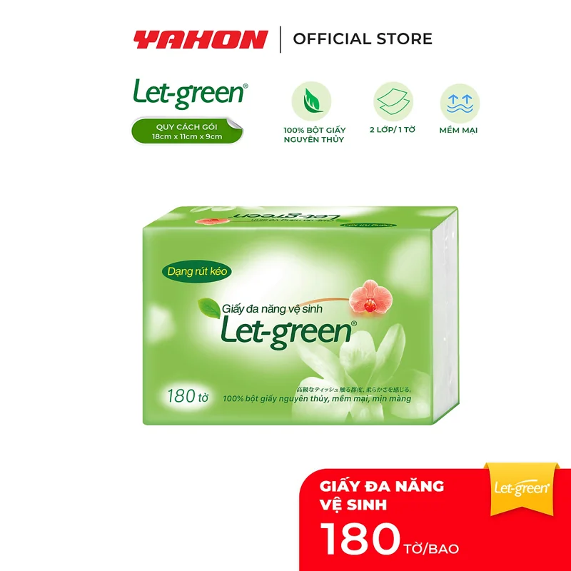 Khăn Giấy Vệ Sinh Đa Năng LET-GREEN 18*21cm Bao 180 Tờ (360 Lớp) | 99.9% Bột Giấy Nguyên Thủy, Không Bụi