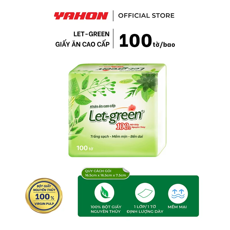 Khăn Giấy Ăn Cao Cấp Let-green | Bột Giấy Nguyên Thủy | 100 Tờ/Bao, 1 Lớp/Tờ