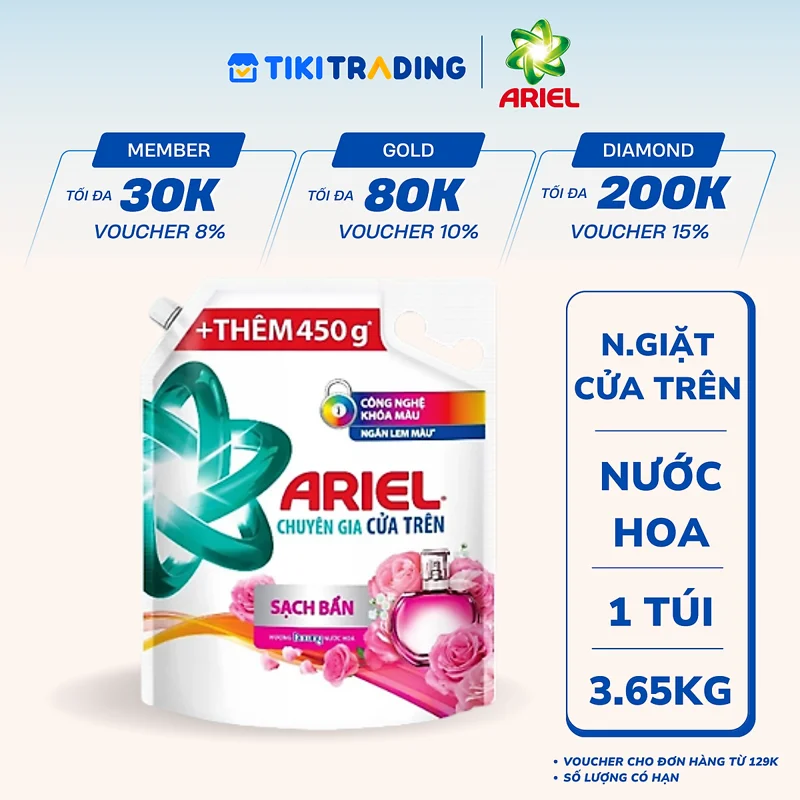 Túi Nước Giặt ARIEL Chuyên Gia Cửa Trên Ngăn Lem Màu - Hương Downy Nước Hoa 3.65KG