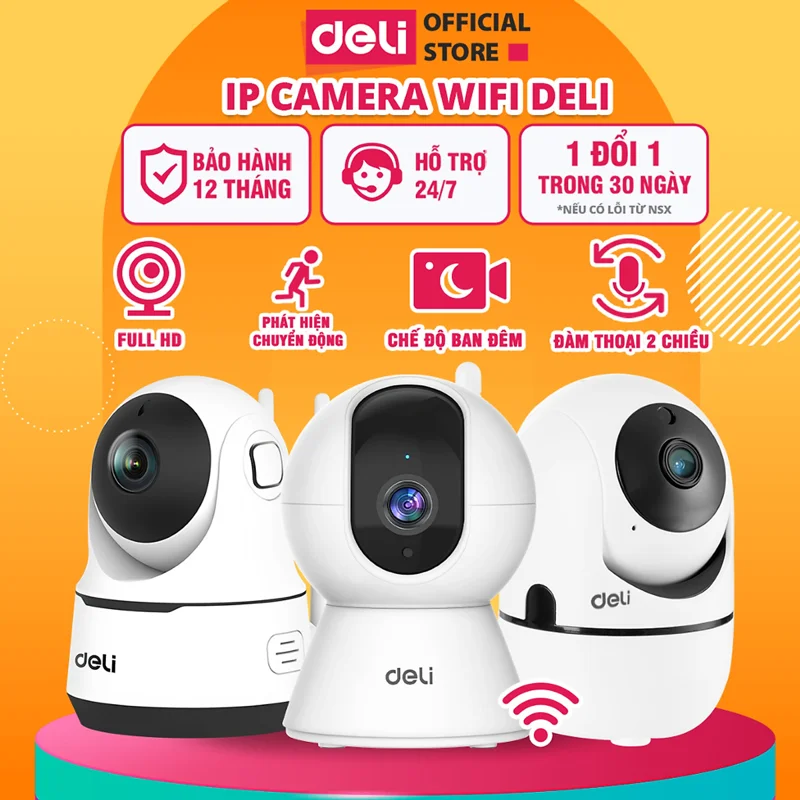Camera WIFI IP DELI Hàng Chính Hãng Xoay 360 Độ Đàm Thoại 2 Chiều Mắt Nhìn Hồng Ngoại Theo Dõi Phát Hiện Chuyển Động