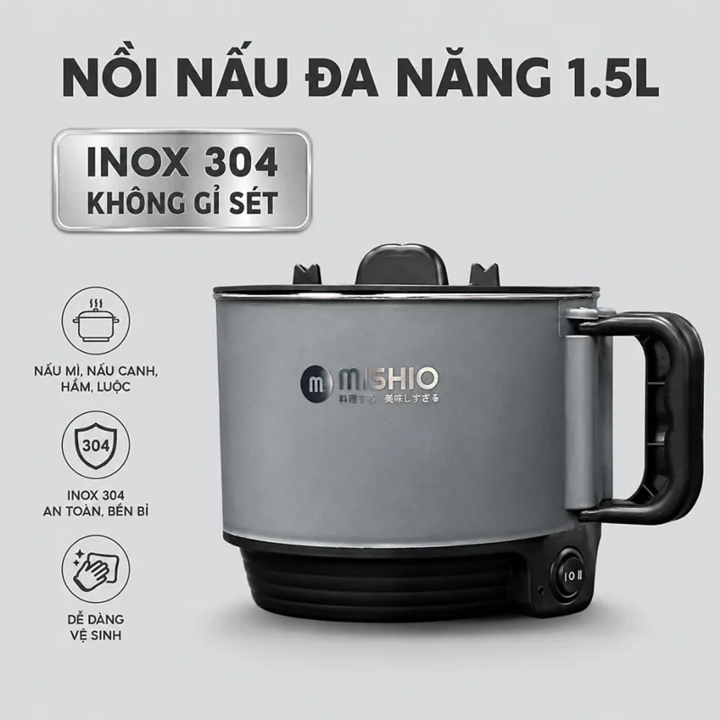 Nồi Lẩu Điện Mini 1.5L Mishio MK392 600W lòng nồi inox 304 không gỉ sét - hàng chính hãng