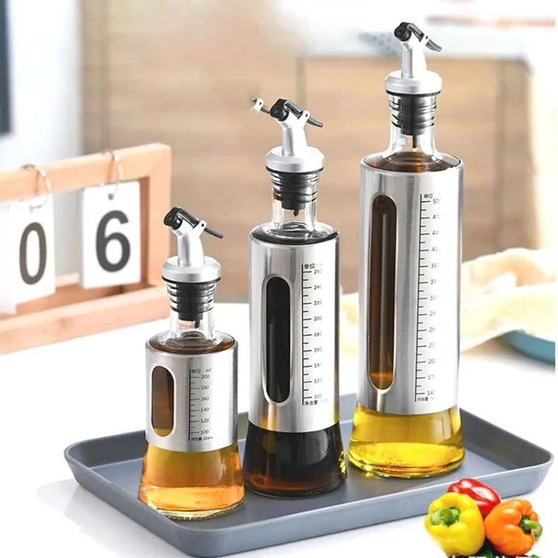 Chai Đựng Dầu Ăn 200ml Thủy Tinh Bọc Inox Rót Gia Vị Tiện Lợi