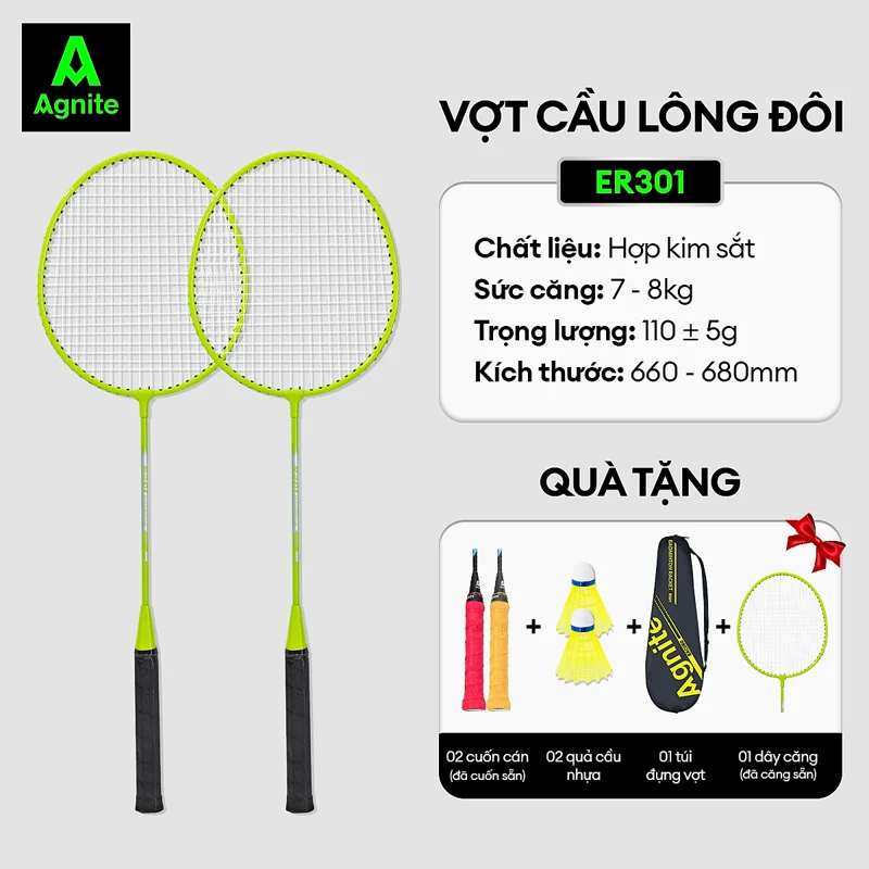 [RẺ NHẤT MALL] Bộ 2 vợt cầu lông giá rẻ chính hãng Agnite, bền, nhẹ, tặng kèm túi vợt và quả cầu lông - ER301/ER302