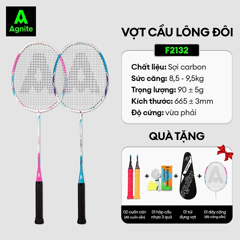 [TẶNG HỘP CẦU] Cặp vợt cầu lông cán liền nhôm carbon siêu nhẹ chính hãng Agnite -  Tặng hộp cầu nhựa và bao đựng - F2132