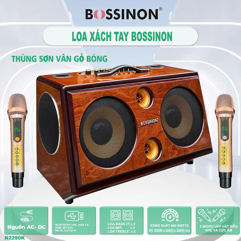 LOA KARAOKE XÁCH TAY BOSSINON N2290K-  CÔNG SUẤT 600W, 2 BASS 20CM - HÀNG CHÍNH HÃNG
