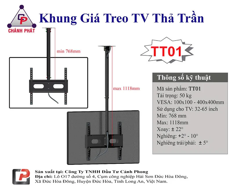 Khung giá treo tivi thả trần kích thước từ 32- 65 inch hàng Chánh Phát - Hàng Chính Hãng